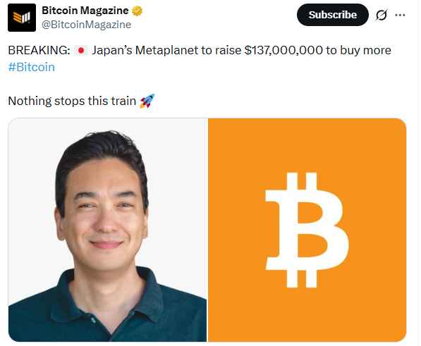 Metaplanet比特币金库扩张：1.37亿美元战略性融资