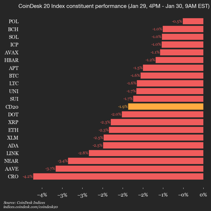CoinDesk 20 指数表现更新：指数下跌 1.9%，所有资产均走低