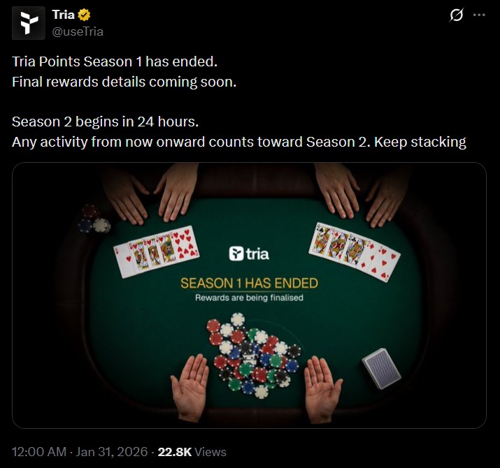 Tria空投第二季即将开始:你准备好获得新的$XP了吗?