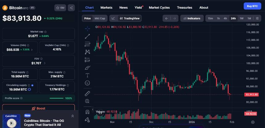  加密货币市场最新动态（1月31日）：比特币守住8.3万美元，以太坊下跌3.5% 