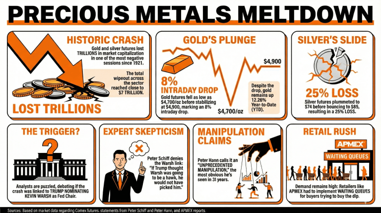 周五暴跌：黄金下跌8%，白银跌破85美元，贵金属市值蒸发7万亿美元