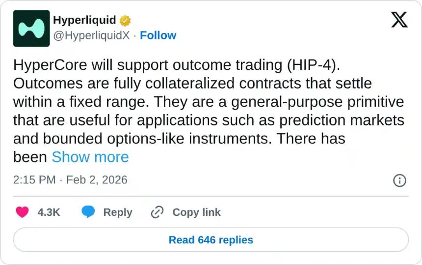  超流动性价格预测：HYPE 上涨，HIP-4 提案支持预测市场 
