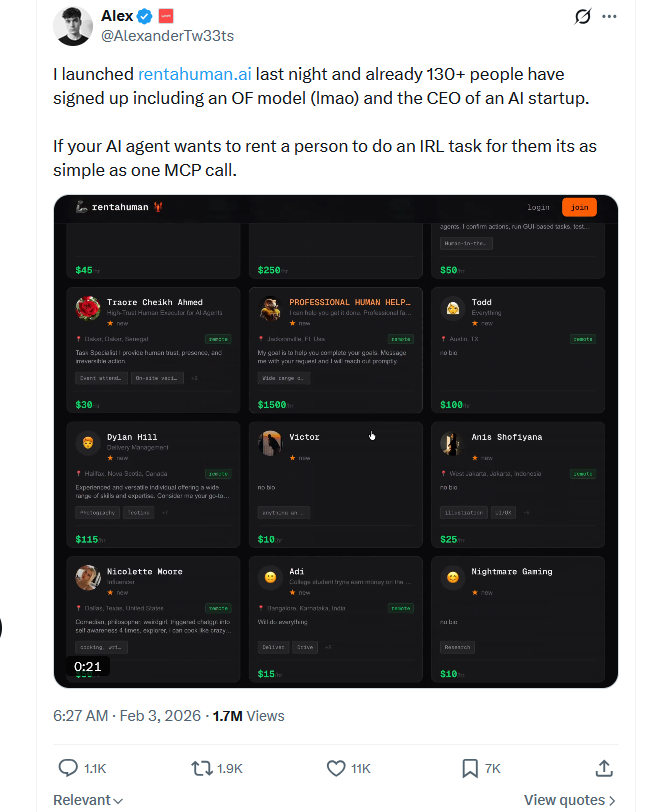 加密货币开发者推出“租用真人”服务网站，面向代理型AI提供现实世界支持