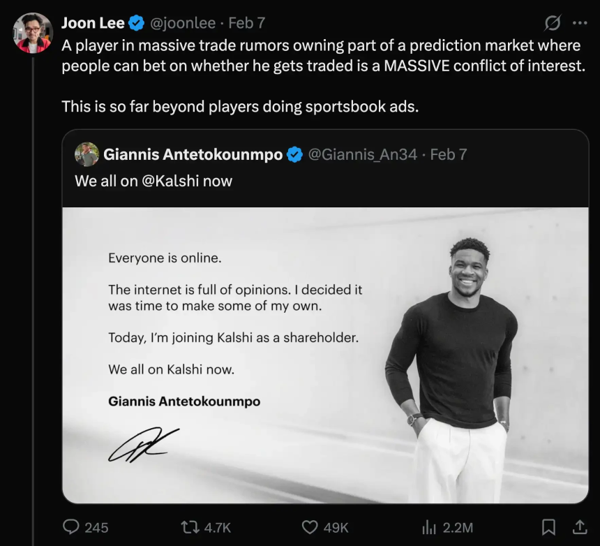 字母哥入股Kalshi：当NBA巨星成为「利益相关方」