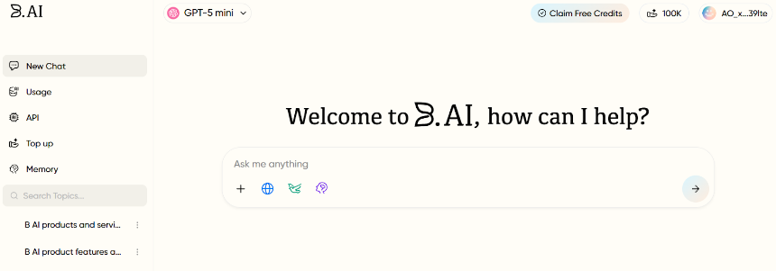 B.AI LLM 服务快速入门指南：四步畅玩多款 AI 大模型对话与API接入，登录即领 100,000 免费AI积分