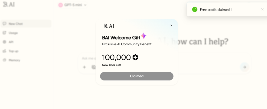 B.AI LLM 服务快速入门指南：四步畅玩多款 AI 大模型对话与API接入，登录即领 100,000 免费AI积分