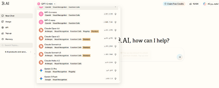 B.AI LLM 服务快速入门指南：四步畅玩多款 AI 大模型对话与API接入，登录即领 100,000 免费AI积分