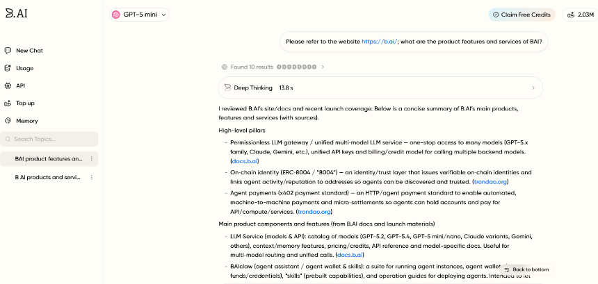 B.AI LLM 服务快速入门指南：四步畅玩多款 AI 大模型对话与API接入，登录即领 100,000 免费AI积分