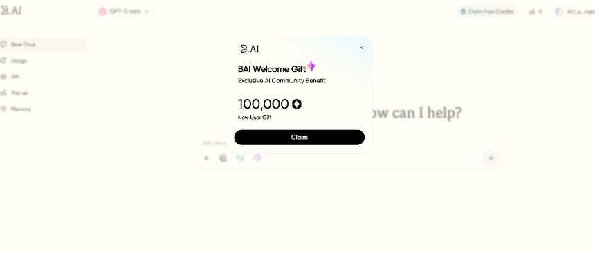 B.AI LLM 服务快速入门指南：四步畅玩多款 AI 大模型对话与API接入，登录即领 100,000 免费AI积分