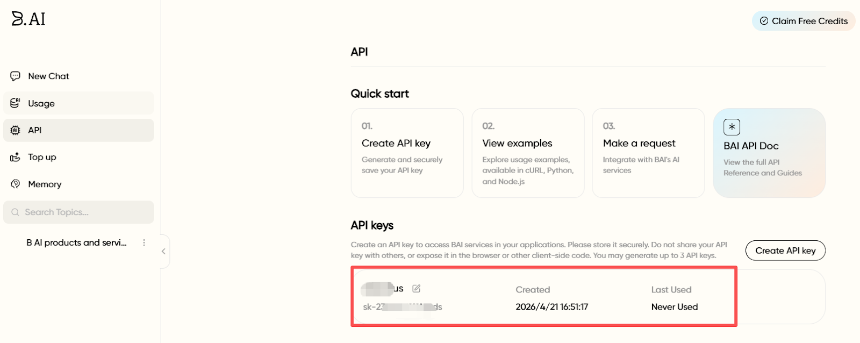 B.AI LLM 服务快速入门指南：四步畅玩多款 AI 大模型对话与API接入，登录即领 100,000 免费AI积分