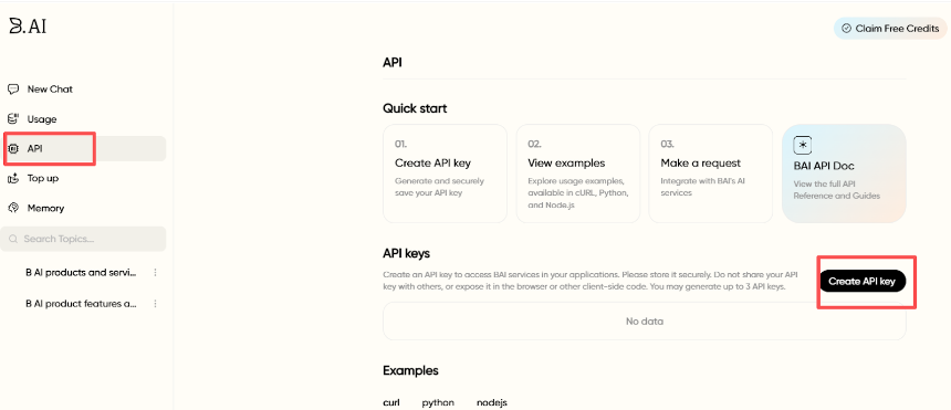 B.AI LLM 服务快速入门指南：四步畅玩多款 AI 大模型对话与API接入，登录即领 100,000 免费AI积分