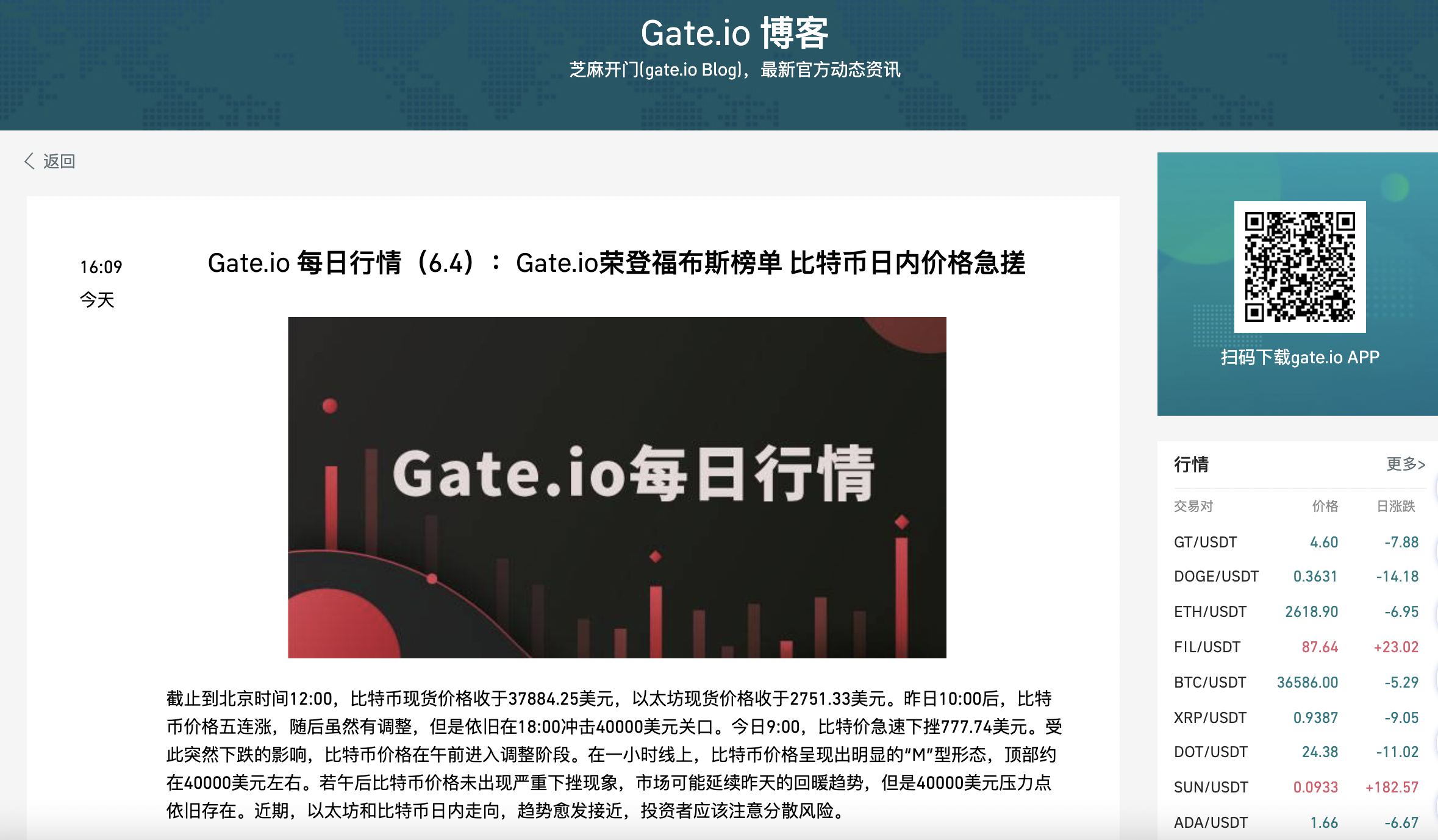 Gate.io 每日行情(6.4):Gate.io荣登福布斯榜单,比特币日内价格急搓