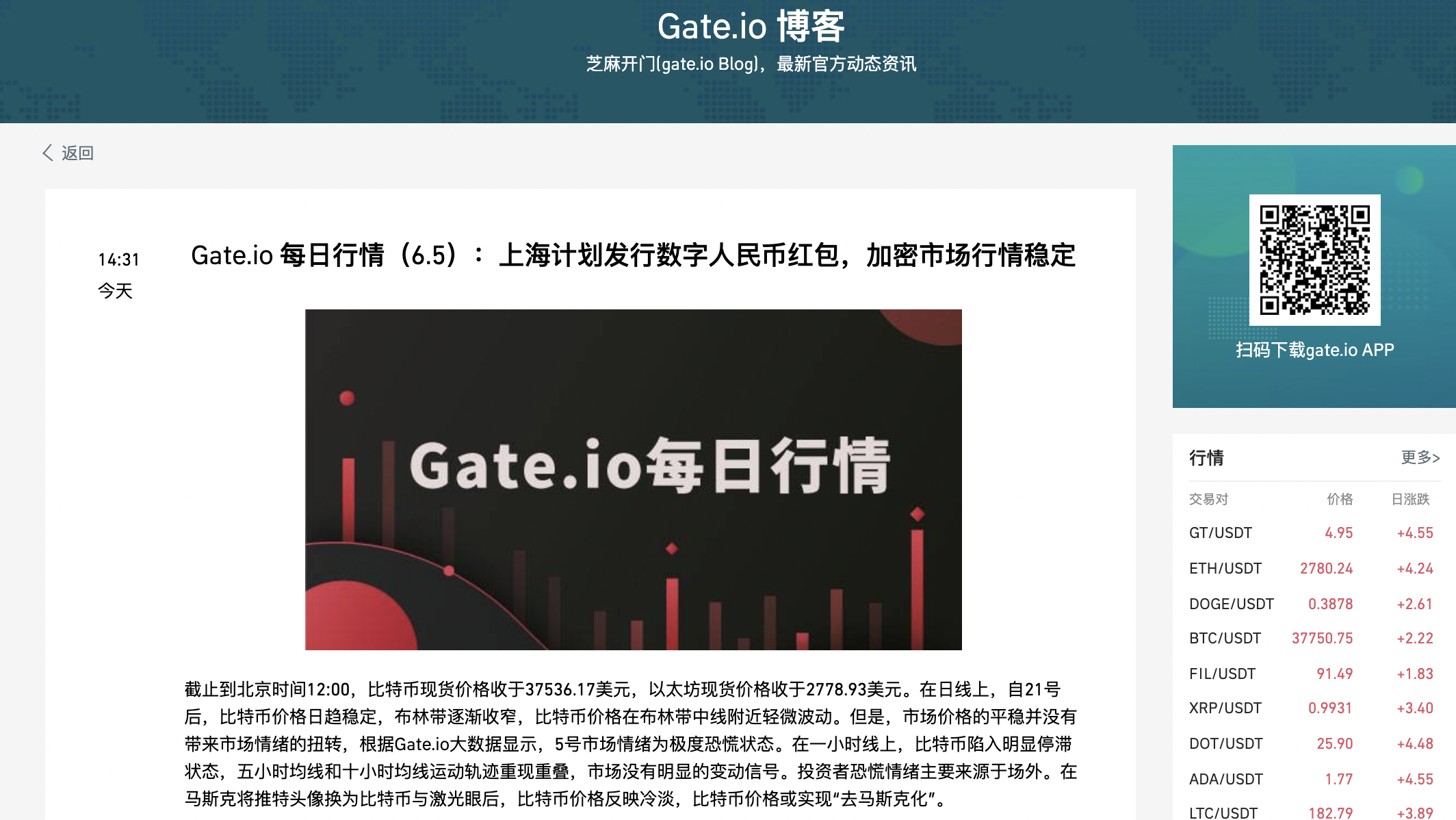Gate.io 每日行情(6.5) :上海计划发行数字人民币红包,加密市场行情稳定