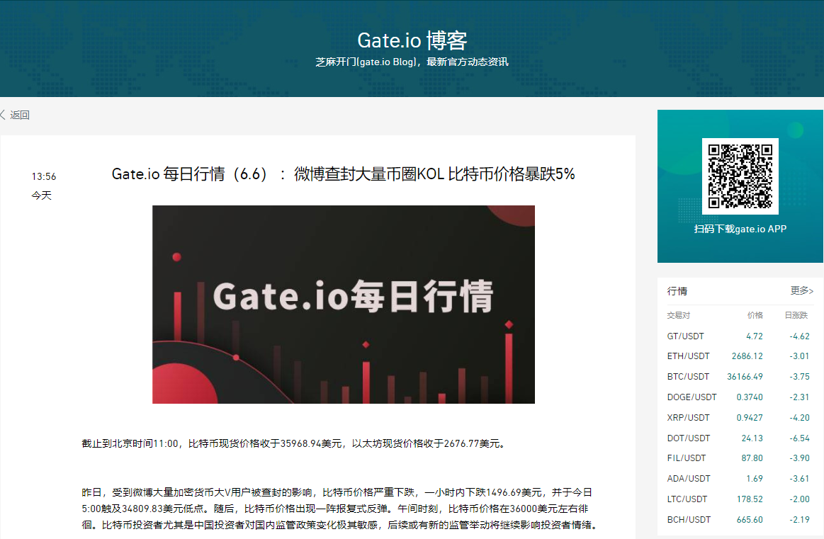Gate.io 每日行情[6.6]:微博查封大量币圈KOL 比特币价格暴跌5%