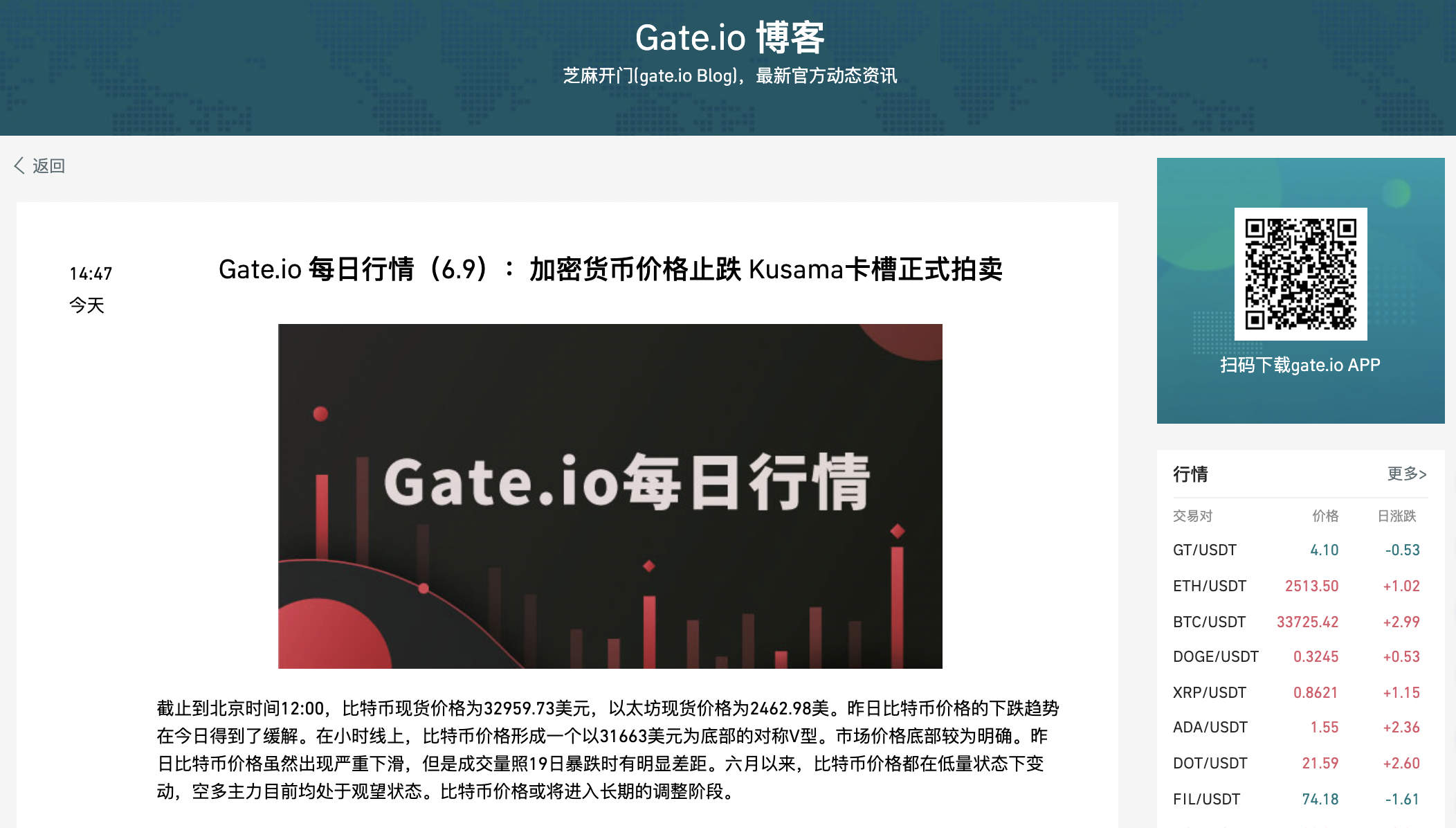 Gate.io 每日行情(6.9)加密货币价格止跌 Kusama卡槽正式拍卖