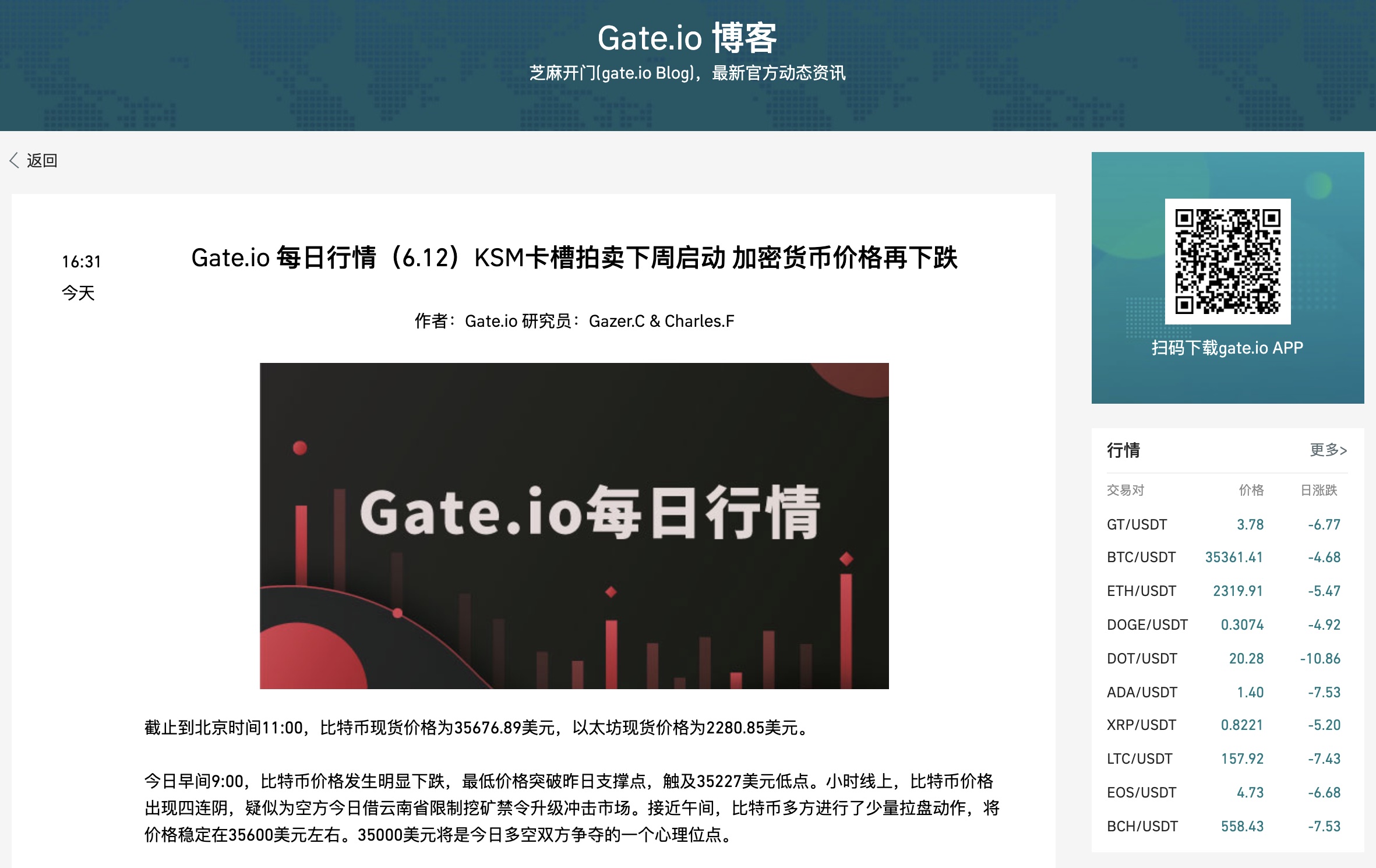 Gate.io 每日行情(6.12):KSM卡槽拍卖下周启动 加密货币价格再下跌
