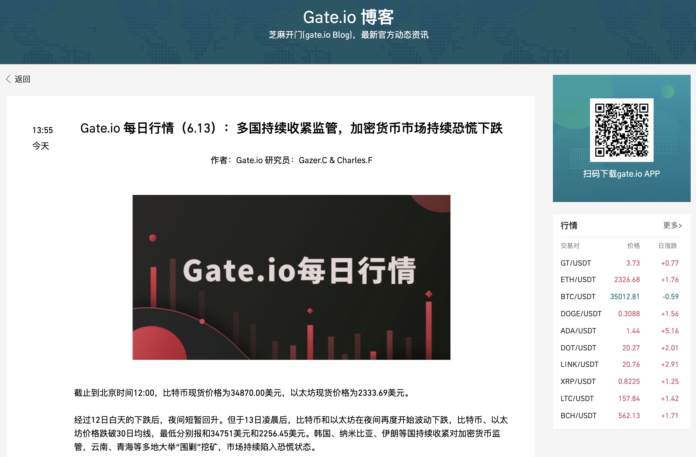 Gate.io 每日行情(6.13):多国持续收紧监管,加密货币市场持续恐慌下跌
