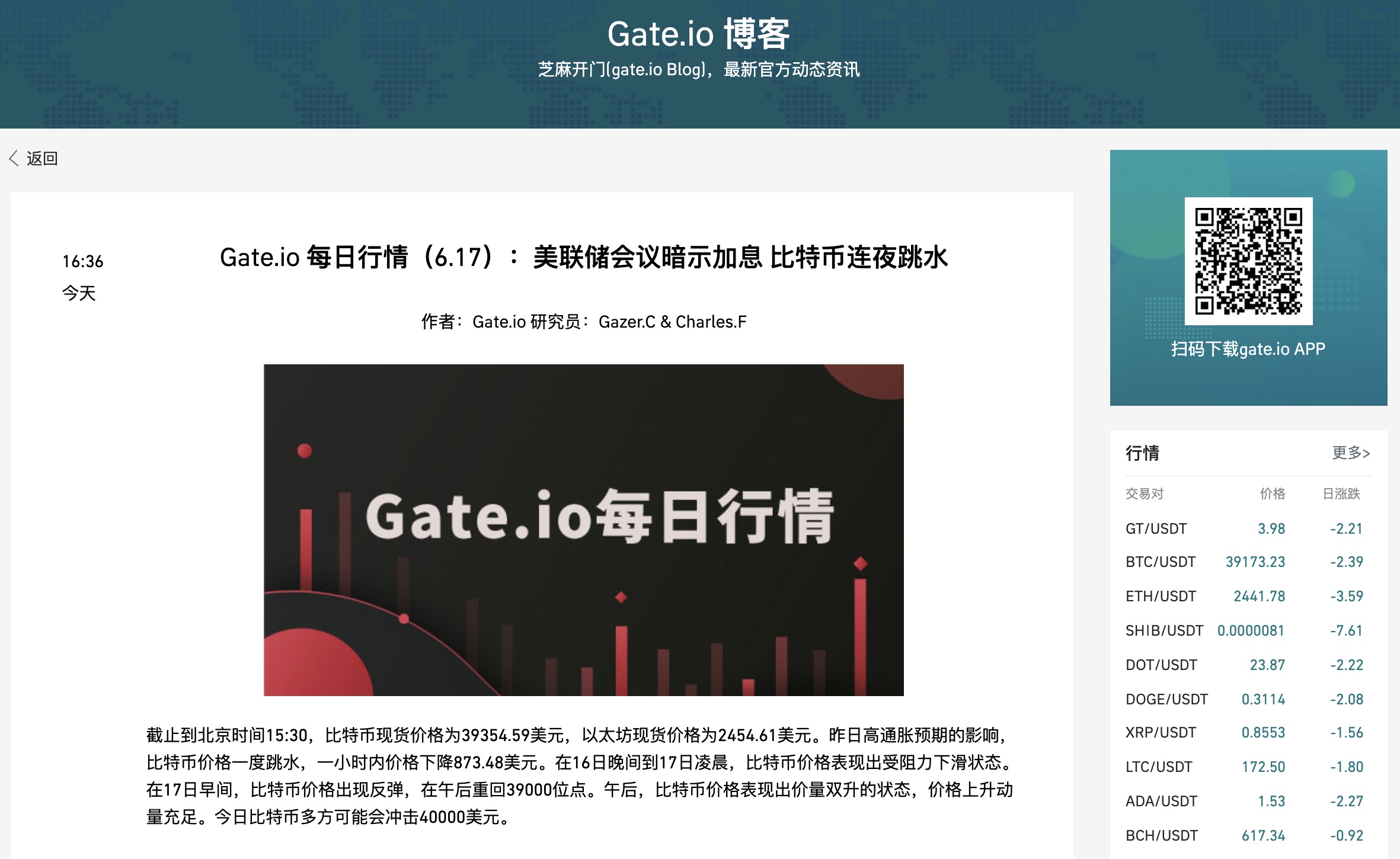 Gate.io 每日行情(6.17):美联储会议暗示加息 比特币连夜跳水