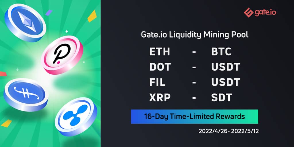 Gate.io Has Added A 16-Day Time-Limited Reward (As High As 1,315,308 CRE) to ETH/BTC, DOT/USDT, FIL/USDT, XRP/USDT Liquidity Pools
