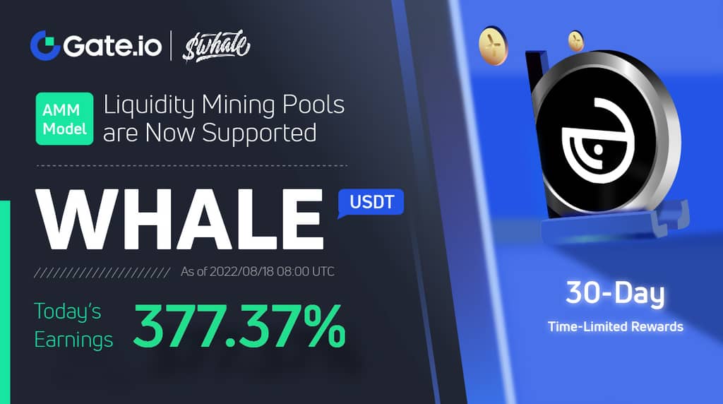 Gate.io Added an Extra Time-Limited Reward of 2,786 WHALE to the WHALE (WHALE) Liquidity Mining Pool: Earn Up to 377.37%